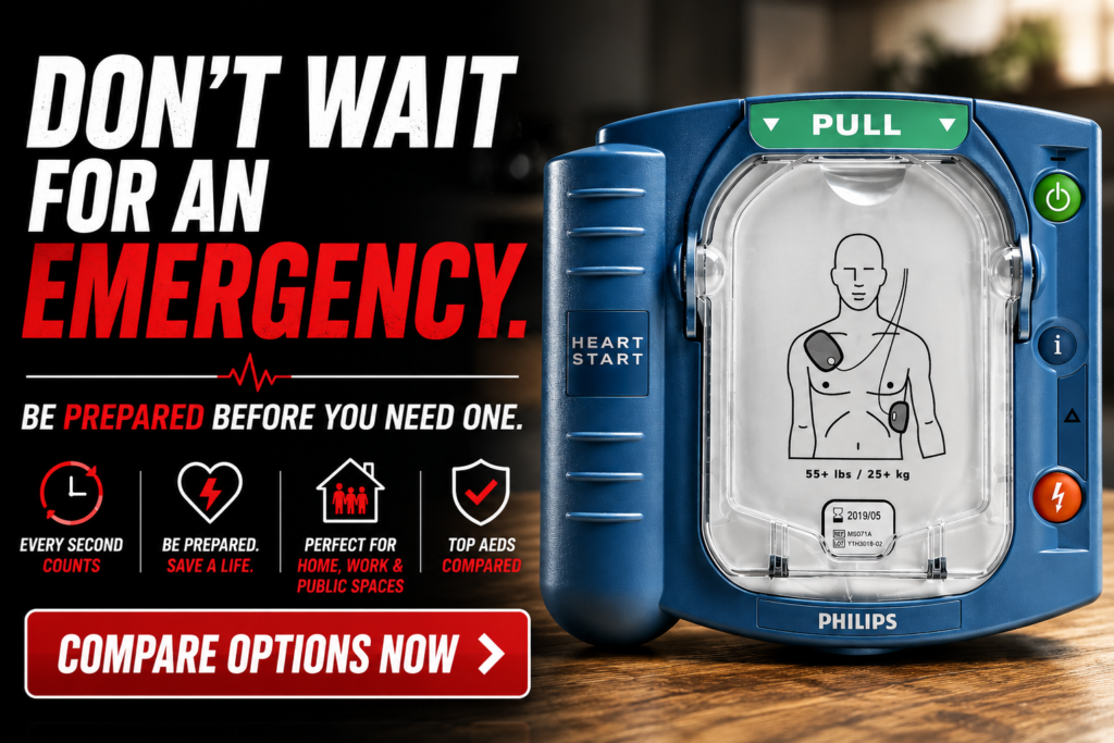 Philips HeartStart AED featured in an emergency preparedness guide, highlighting the importance of being ready for cardiac emergencies and comparing AED options for homes, businesses, schools, churches, and public spaces