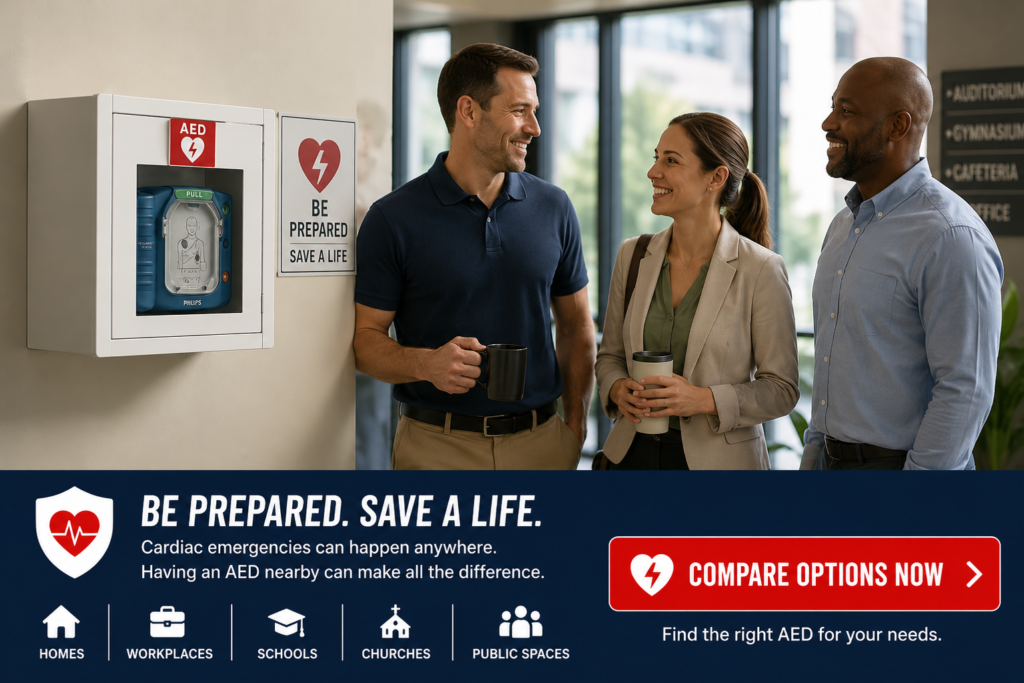 AED mounted in a workplace setting, highlighting emergency preparedness for businesses, schools, churches, public facilities, and other locations where quick access to a defibrillator could be critical during a cardiac emergency
