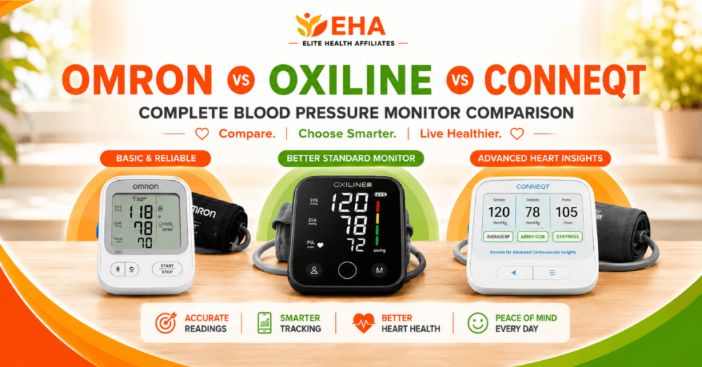 Omron, Oxiline, and Conneqt blood pressure monitors shown side by side in an EHA comparison image highlighting accurate readings, smarter tracking, better heart health, and daily peace of mind.