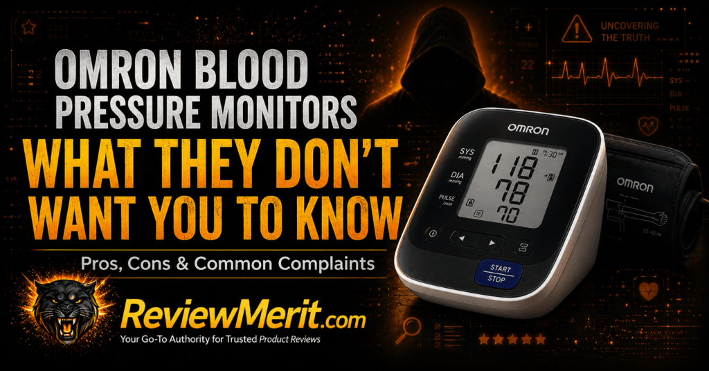 Omron blood pressure monitor with cuff shown in a ReviewMerit-branded graphic about pros, cons, and common complaints before buying.