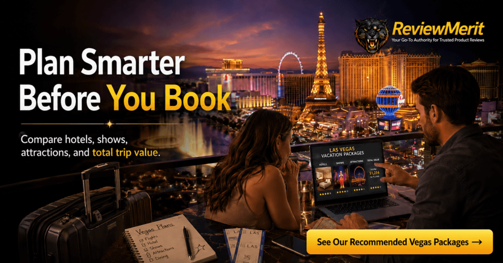 ReviewMerit branded Las Vegas vacation packages planning image showing a couple comparing hotels, shows, attractions, and total trip value before booking.
