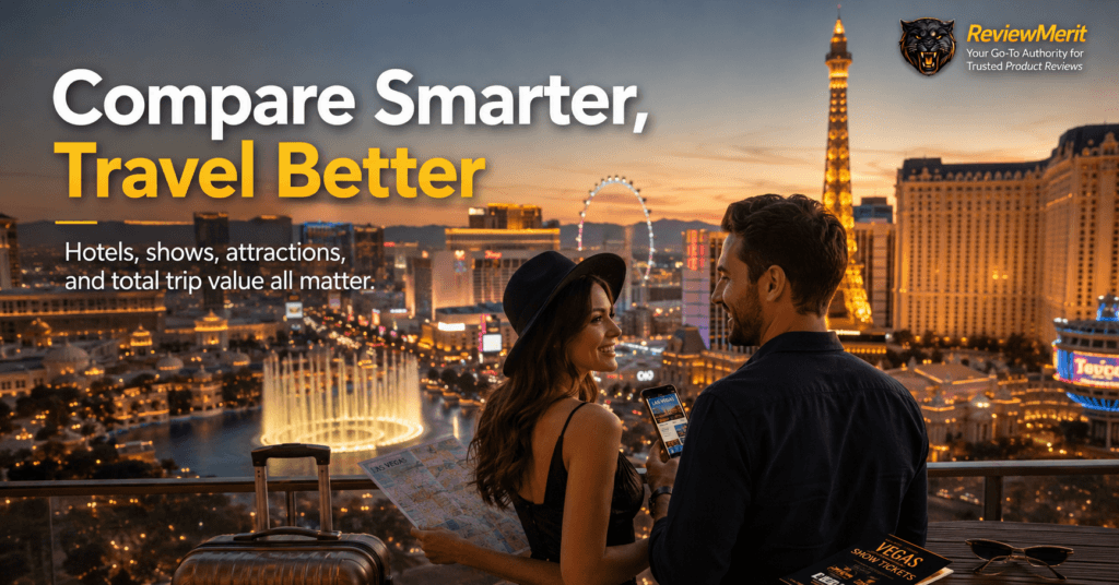 ReviewMerit branded Las Vegas vacation packages image showing a couple planning their trip while comparing hotels, shows, attractions, and total trip value overlooking the Las Vegas Strip.