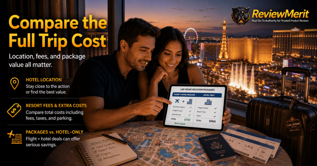 ReviewMerit branded Las Vegas vacation packages image showing a couple comparing hotel location, resort fees, package value, and flight plus hotel options before booking.