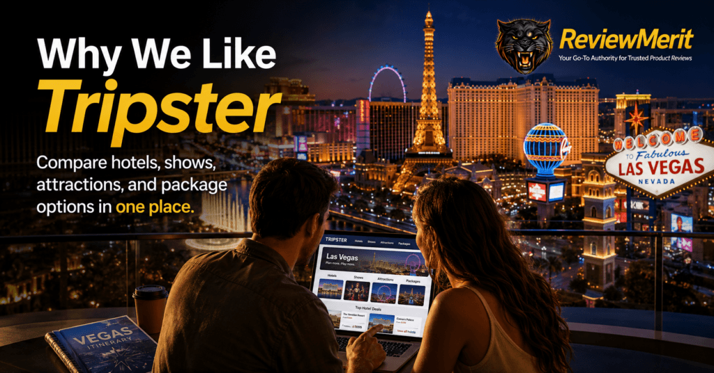 ReviewMerit branded Las Vegas Tripster planning image showing a couple comparing hotels, shows, attractions, and vacation package options in one place.