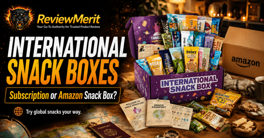 ReviewMerit-branded international snack boxes image showing a global snack box, Amazon box, snack guide cards, and travel-themed props for comparing subscription and on-demand snack box options.