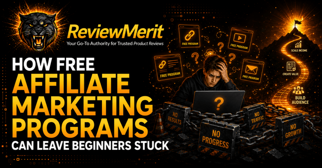 ReviewMerit featured image showing a frustrated beginner trapped by free affiliate marketing programs with no traffic, growth, progress, or results while a clear path leads toward building an audience, creating value, and scaling income