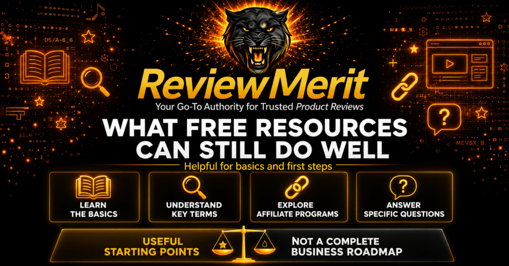 ReviewMerit graphic explaining that free resources can help beginners learn the basics, understand key terms, explore affiliate programs, and answer specific questions, but do not provide a complete business roadmap