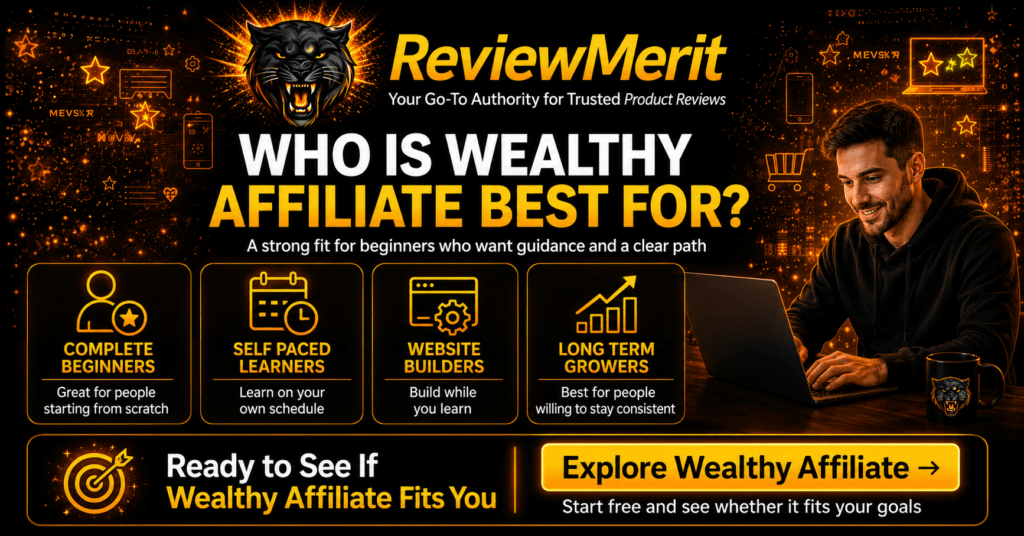 ReviewMerit graphic showing Wealthy Affiliate as a fit for complete beginners, self-paced learners, website builders, and people committed to long-term growth, with a CTA to explore the platform