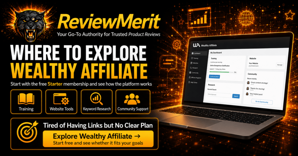 ReviewMerit graphic inviting beginners to explore Wealthy Affiliate through its free Starter membership with training, website tools, keyword research, and community support