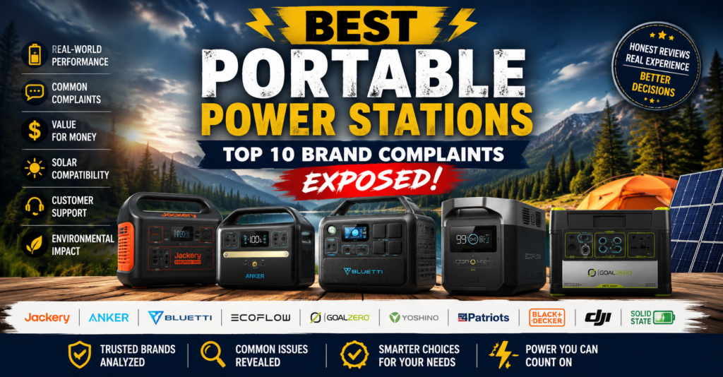 Best portable power stations comparison featuring popular brands including Bluetti, Jackery, Anker, EcoFlow, Goal Zero, and 4Patriots, highlighting common complaints, real-world performance, solar compatibility, customer support, value for money, and backup power options for camping and emergencies
