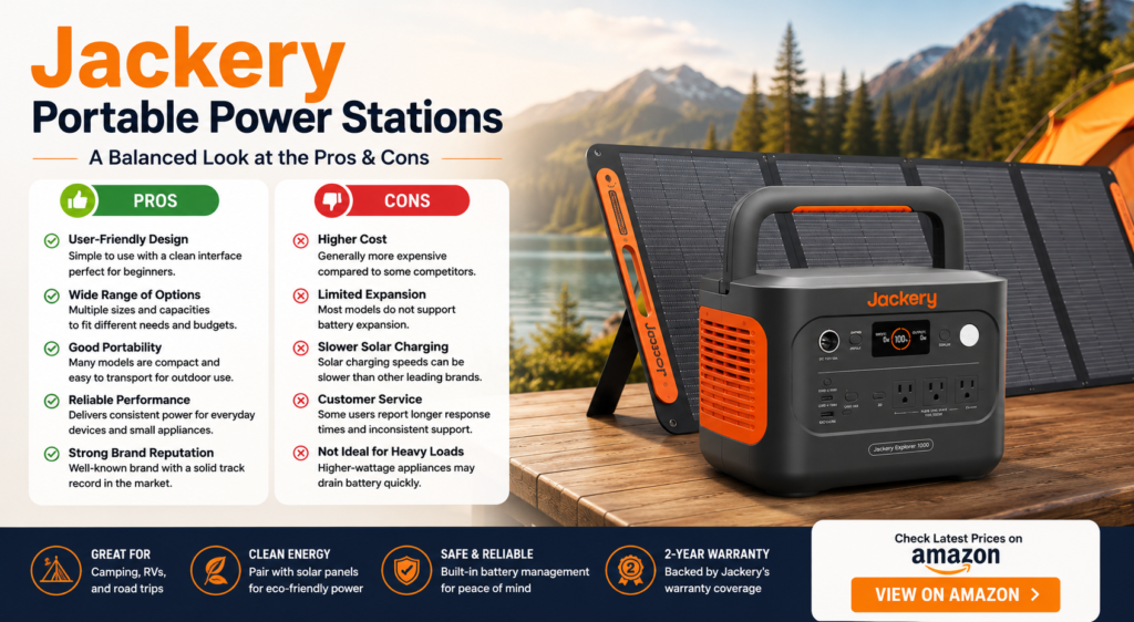 Jackery portable power station with foldable solar panel displayed beside a mountain lake campsite, featuring a balanced pros and cons comparison covering portability, reliability, solar charging, battery expansion, customer support, and overall value for camping, RV travel, and emergency backup power