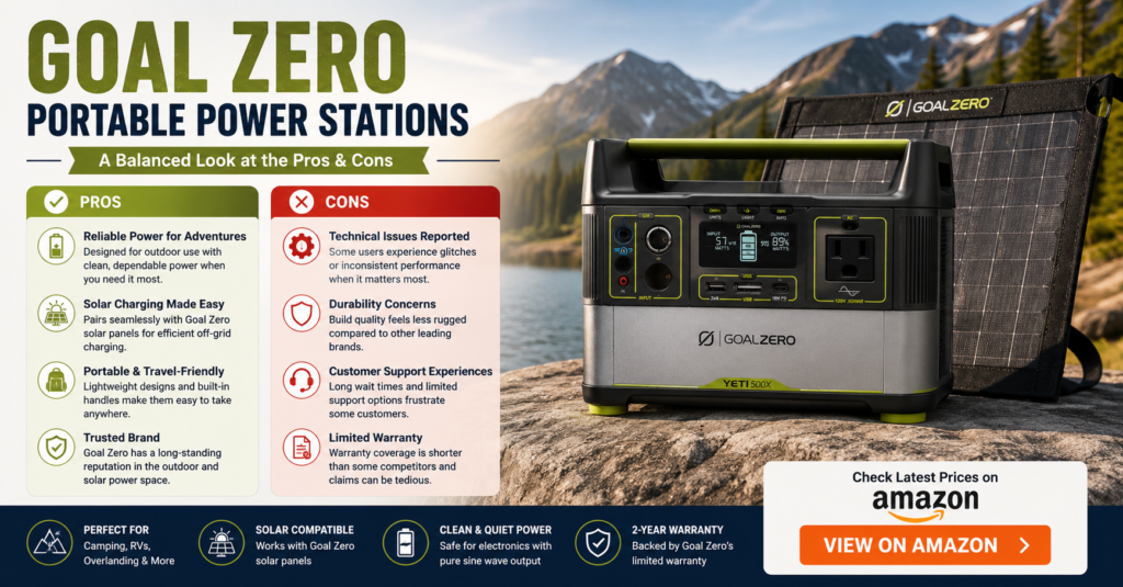 Goal Zero portable power station with solar panel beside a mountain lake campsite, featuring a balanced pros and cons comparison covering reliability, solar charging, portability, customer support, warranty coverage, durability concerns, and overall value for camping, RV travel, overlanding, and emergency backup power