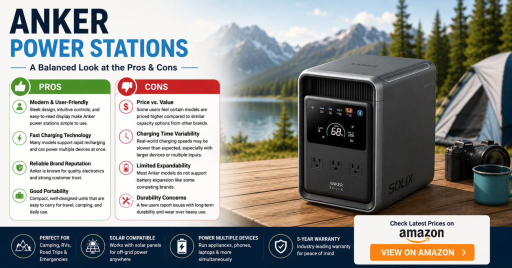 Anker portable power station displayed beside a mountain lake campsite with a balanced pros and cons comparison, highlighting fast charging technology, portability, solar compatibility, warranty coverage, pricing considerations, battery expansion limitations, durability concerns, and overall value for camping, RV travel, road trips, and emergency backup power
