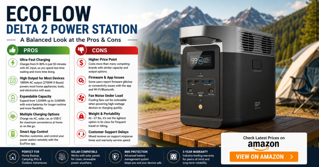 EcoFlow DELTA 2 portable power station displayed beside a mountain lake campsite with a balanced pros and cons comparison, highlighting ultra-fast charging, expandable battery capacity, solar compatibility, app controls, warranty coverage, firmware concerns, portability considerations, customer support experiences, and overall value for home backup power, camping, RV travel, and outdoor adventures