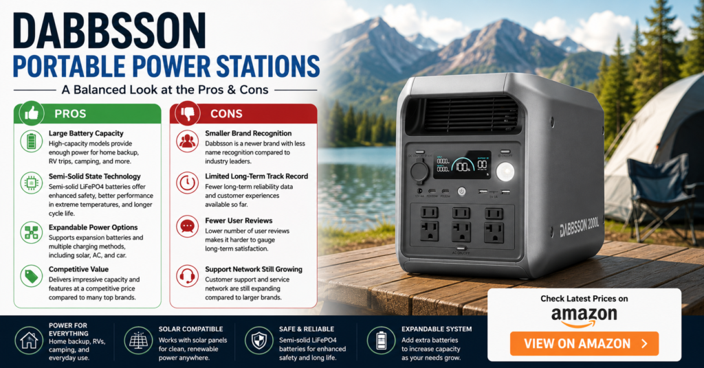 Dabbsson portable power station displayed beside a mountain lake campsite with a balanced pros and cons comparison, highlighting large battery capacity, semi-solid-state battery technology, expandable power options, solar compatibility, value for money, brand recognition concerns, limited long-term track record, customer support considerations, and overall suitability for home backup power, RV travel, camping, and emergency preparedness