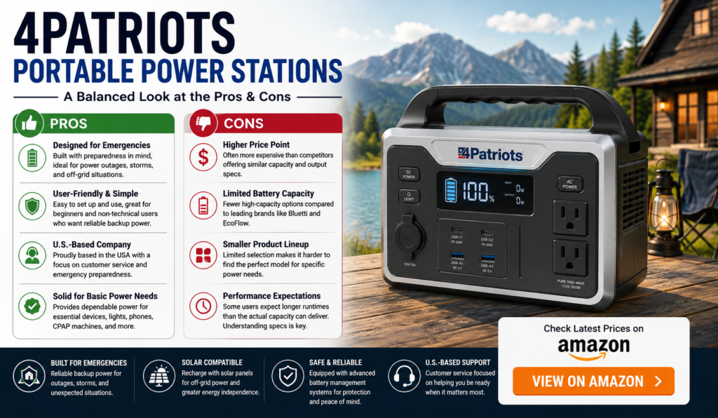 4Patriots portable power station displayed beside a mountain cabin and lake campsite with a balanced pros and cons comparison, highlighting emergency preparedness, ease of use, solar compatibility, U.S.-based support, battery capacity considerations, product lineup limitations, pricing concerns, and overall value for backup power during outages, storms, camping trips, and off-grid emergencies