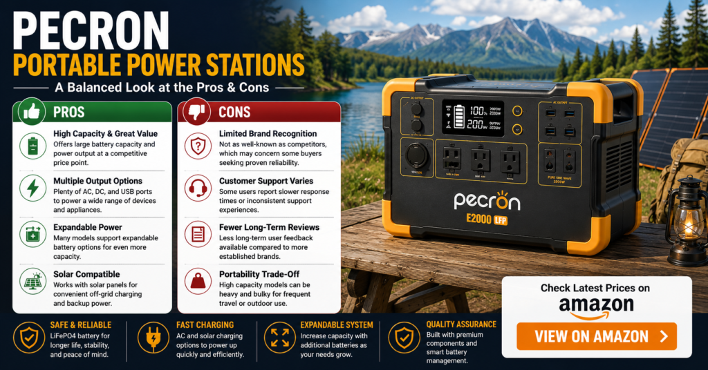 Pecron portable power station displayed beside a mountain lake campsite with a balanced pros and cons comparison, highlighting large battery capacity, expandable power options, solar compatibility, multiple output ports, fast charging capabilities, brand recognition concerns, customer support considerations, portability tradeoffs, and overall value for home backup power, RV travel, camping, and emergency preparedness