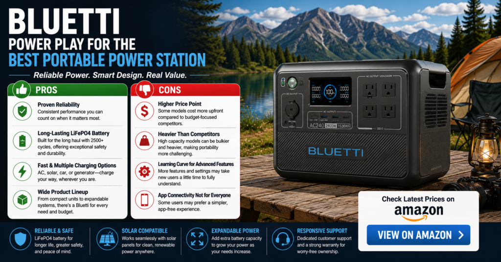 Bluetti portable power station displayed beside a mountain lake campsite with a balanced pros and cons comparison, highlighting reliability, long-lasting LiFePO4 battery technology, multiple charging methods, solar compatibility, expandable battery options, product lineup variety, pricing considerations, portability tradeoffs, and overall value for home backup power, RV travel, camping, off-grid living, and emergency preparedness