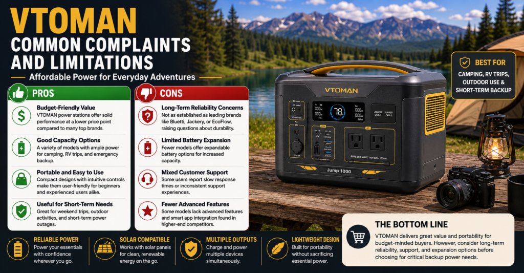 VTOMAN portable power station displayed beside a mountain lake campsite with a balanced pros and cons comparison, highlighting affordability, portability, solar compatibility, multiple output options, battery capacity, long-term reliability concerns, limited battery expansion, customer support considerations, and overall value for camping, RV travel, emergency backup power, and outdoor adventures