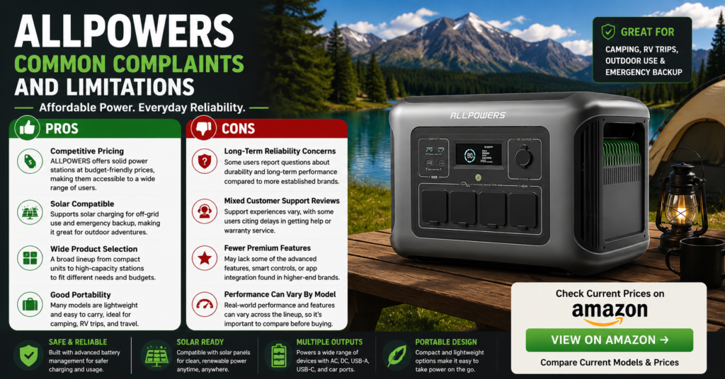 ALLPOWERS portable power station displayed beside a mountain lake campsite with a balanced pros and cons comparison, highlighting competitive pricing, solar compatibility, portability, product selection, battery management features, long-term reliability concerns, customer support considerations, feature limitations, and overall value for camping, RV travel, emergency backup power, and off-grid adventures