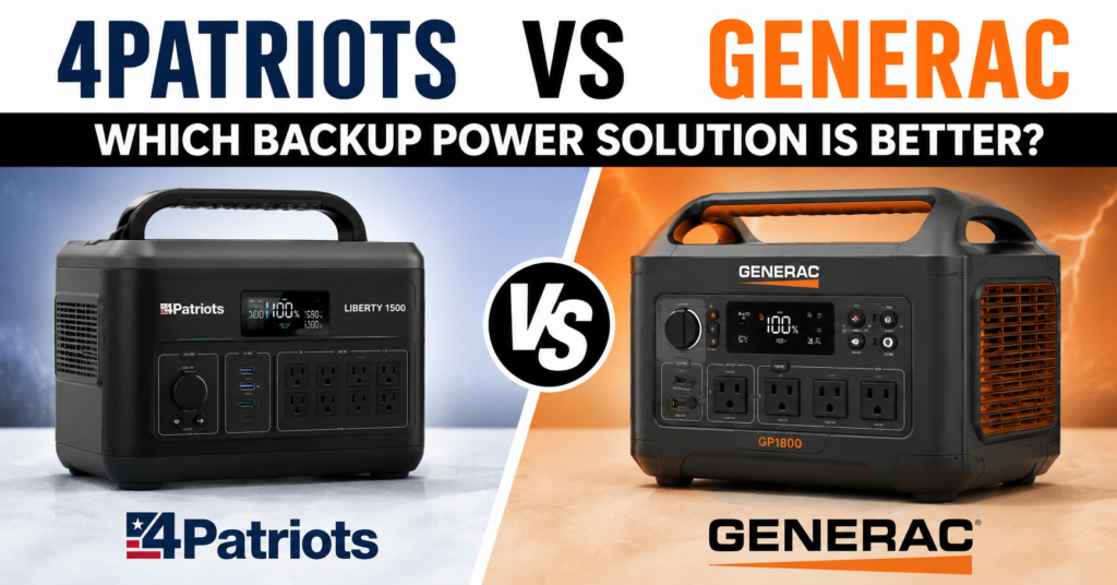 4Patriots vs Generac backup power comparison showing a 4Patriots portable power station and a Generac standby generator side by side. The image compares portable emergency power against whole-home backup power and asks which backup power solution is right for you.
