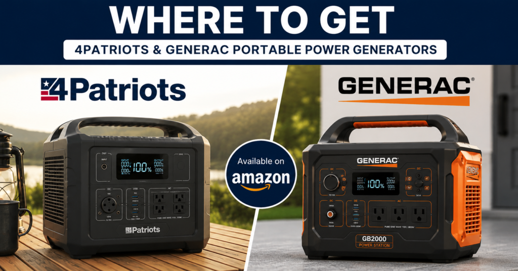 Where to get 4Patriots and Generac portable power generators comparison image featuring a 4Patriots portable power station and a Generac portable power station side by side with an Available on Amazon badge. The graphic highlights both backup power solutions and guides shoppers to compare portable power generators before purchasing.
