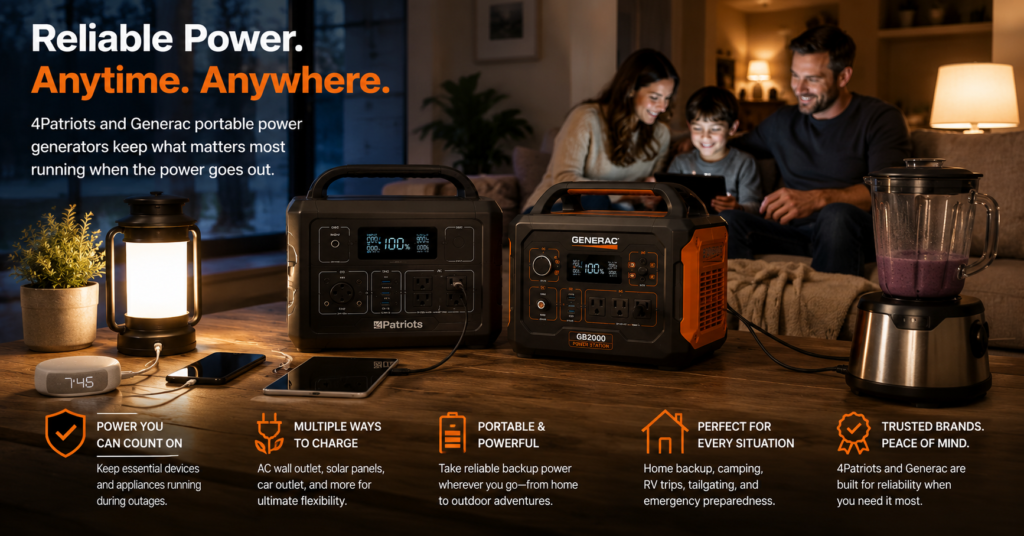 Family using 4Patriots and Generac portable power generators during a home power outage while charging devices, powering lights, and running small appliances. Lifestyle image showing reliable backup power for emergencies, home use, camping, and everyday preparedness.
