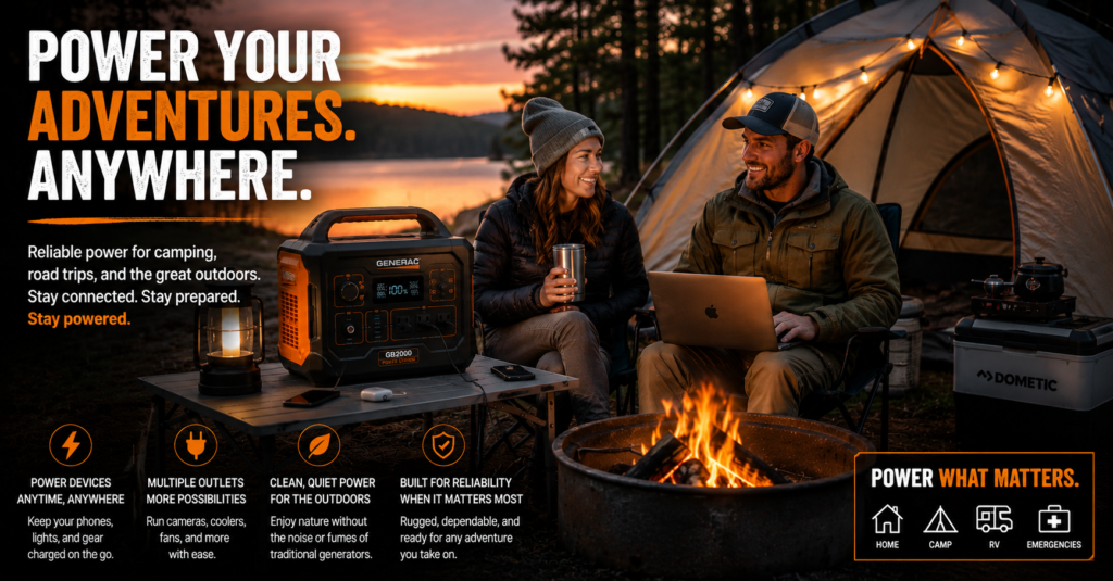 Couple camping beside a lake at sunset using a portable power generator to charge devices, power lights, and stay connected outdoors. Lifestyle image highlighting reliable portable power for camping, RV travel, road trips, and emergency preparedness.