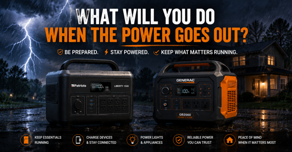 Storm preparedness image featuring 4Patriots and Generac portable power generators displayed in front of a home during a severe thunderstorm with lightning. The graphic asks, "What Will You Do When the Power Goes Out?" and highlights backup power solutions for outages, emergency preparedness, keeping essential devices running, and maintaining peace of mind when severe weather strikes.
