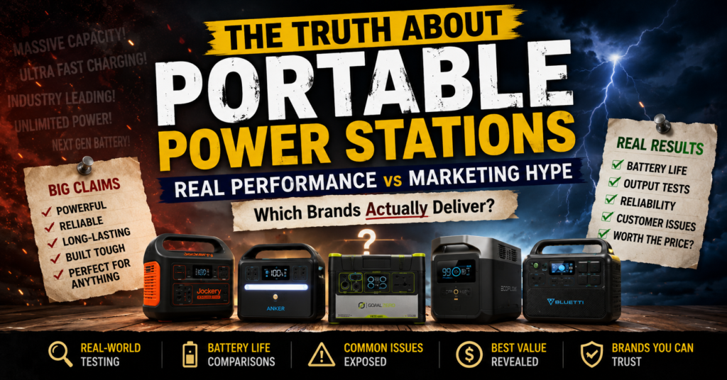 Best portable power stations comparison image featuring Jackery, Anker, Goal Zero, EcoFlow, and Bluetti portable power stations against a dramatic storm background. The graphic highlights the question of real performance versus marketing hype and helps shoppers compare battery life, reliability, customer issues, value for money, and overall performance before choosing a portable power station.