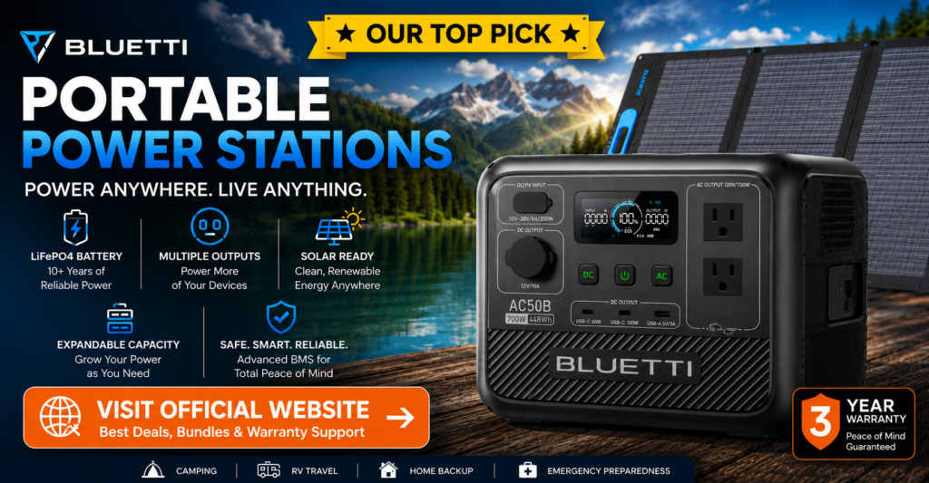 Bluetti portable power station with foldable solar panels displayed beside a mountain lake campsite. The image highlights Bluetti as ReviewMerit's top portable power station pick and features key benefits including LiFePO4 battery technology, solar charging compatibility, expandable capacity, multiple output options, and long-term reliability. A prominent "Visit Official Website" call-to-action encourages shoppers to compare Bluetti portable power stations, bundles, and warranty-supported options.