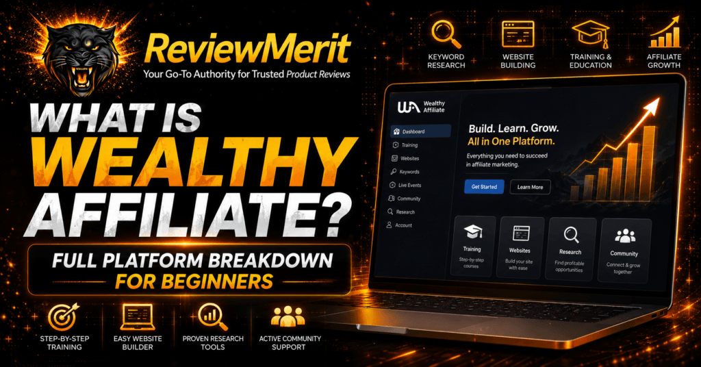 ReviewMerit featured image for What Is Wealthy Affiliate showing affiliate marketing training, website building, keyword research, and community support
