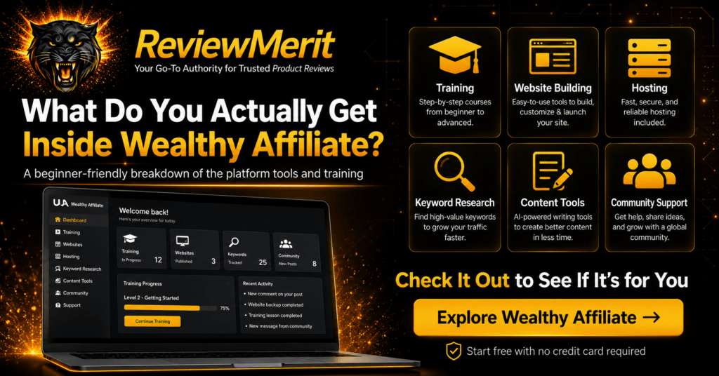 ReviewMerit graphic showing Wealthy Affiliate training, website building, hosting, keyword research, content tools, and community support with a free starter membership CTA