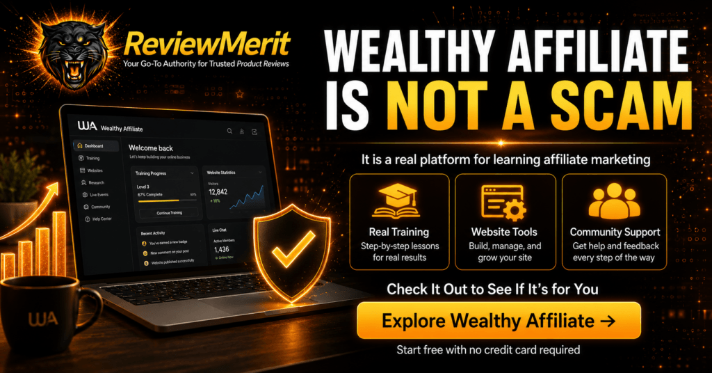 ReviewMerit graphic stating Wealthy Affiliate is not a scam and highlighting its real training, website tools, community support, and free starter membership CTA