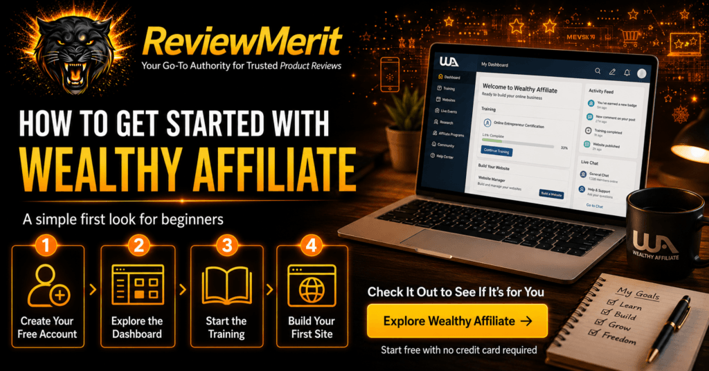 ReviewMerit graphic showing how beginners can get started with Wealthy Affiliate by creating a free account, exploring the dashboard, starting the training, and building a first website