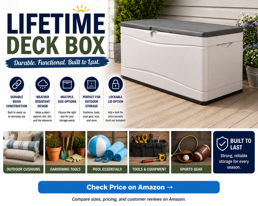 Lifetime deck box on a patio for outdoor storage of cushions, gardening tools, pool supplies, sports gear, and outdoor essentials