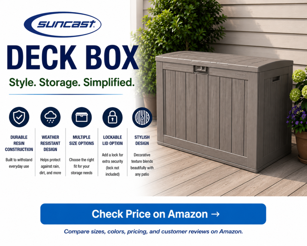 Suncast deck box on a patio with weather-resistant outdoor storage features for cushions, tools, pool gear, and outdoor essentials