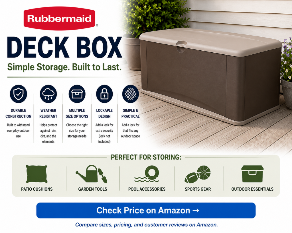 Rubbermaid deck box on a patio with weather-resistant outdoor storage for cushions, gardening tools, pool gear, and outdoor essentials