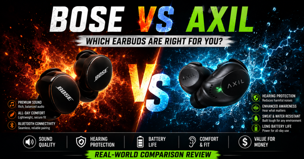 Side-by-side comparison graphic featuring Bose wireless earbuds and AXIL XCOR Pro hearing protection earbuds against a dramatic fire-versus-electric-blue background. The image compares sound quality, hearing protection, battery life, comfort, fit, and overall value, helping readers determine which earbuds are the better choice for shooting, workouts, outdoor activities, and everyday listening. The graphic emphasizes the key difference between Bose's audio-focused design and AXIL's combination of hearing protection and sound enhancement.