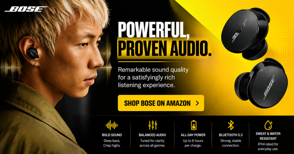 Promotional image for Bose wireless earbuds featuring a lifestyle portrait of a listener wearing Bose earbuds alongside product images on a bold black-and-yellow background. The graphic highlights powerful, proven audio performance, rich sound quality, Bluetooth connectivity, all-day battery life, and sweat-resistant durability. A prominent call-to-action button invites shoppers to purchase Bose earbuds through Amazon.