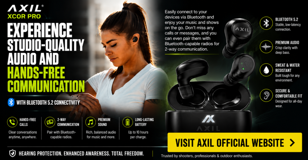 Promotional image for AXIL XCOR Pro true wireless hearing protection earbuds featuring a woman wearing the earbuds while exercising. The graphic highlights Bluetooth 5.2 connectivity, premium sound quality, hands-free communication, secure all-day comfort, sweat and water resistance, and long battery life. Product images of the XCOR Pro earbuds and charging case are displayed alongside a large bright yellow call-to-action button directing visitors to the official AXIL website.