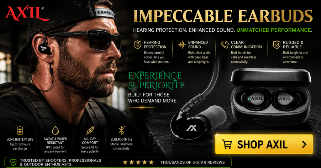 Lifestyle promotional image for AXIL hearing protection earbuds featuring a rugged outdoor enthusiast wearing AXIL earbuds in a high-performance environment. The graphic showcases the AXIL charging case and earbuds alongside key benefits including hearing protection, enhanced sound quality, clear communication, all-day comfort, Bluetooth connectivity, sweat and water resistance, and long battery life. A large bright yellow SHOP AXIL call-to-action button encourages visitors to explore AXIL hearing protection solutions for shooting, hunting, workouts, and everyday use.