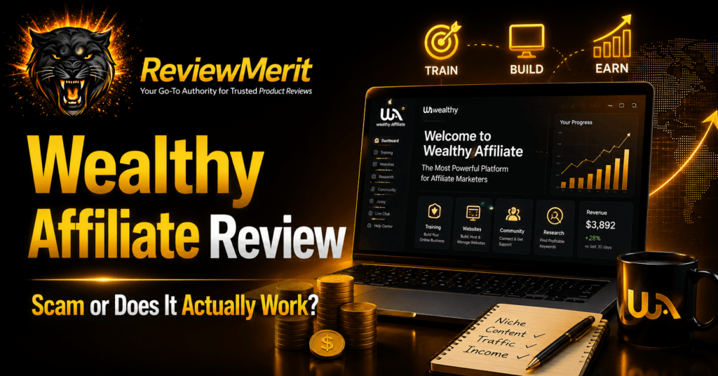 Wealthy Affiliate review graphic showing the platform dashboard, affiliate marketing training, website-building tools, keyword research, and income growth imagery.