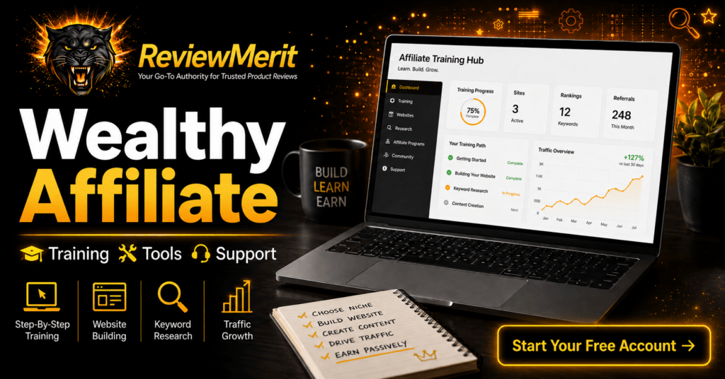 Wealthy Affiliate training platform with website-building tools, keyword research, community support, and traffic-growth features shown on a laptop.