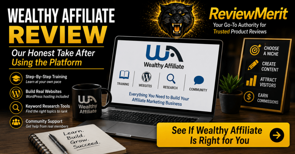 Wealthy Affiliate review image showing training, website tools, keyword research, community support, and a CTA to see whether the platform is right for you.