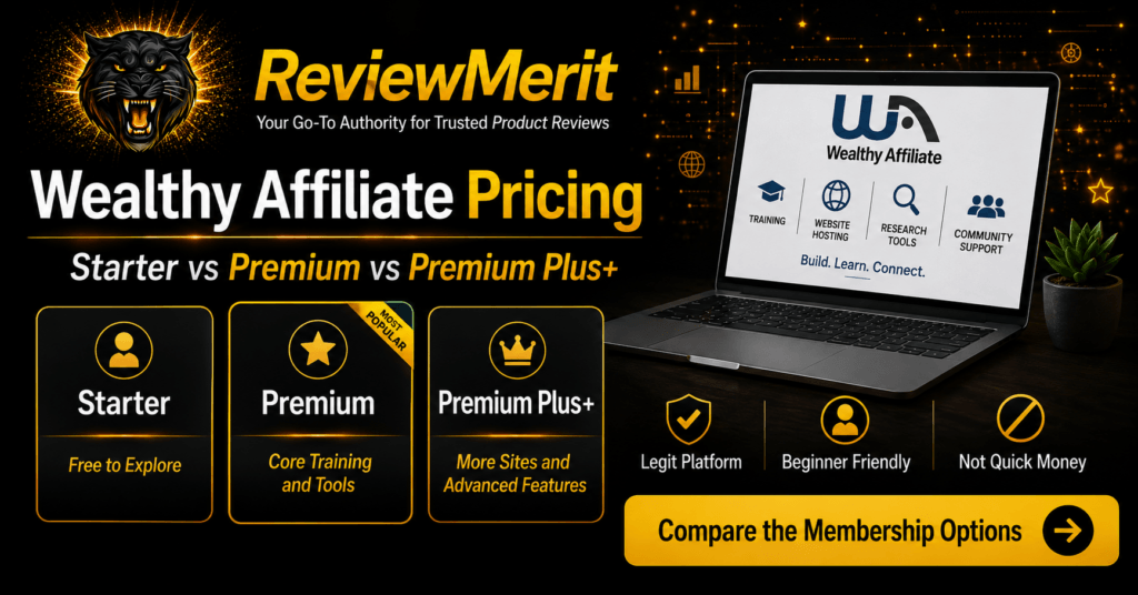 Wealthy Affiliate pricing comparison showing the Starter, Premium, and Premium Plus+ membership options with training, website hosting, research tools, and community support.