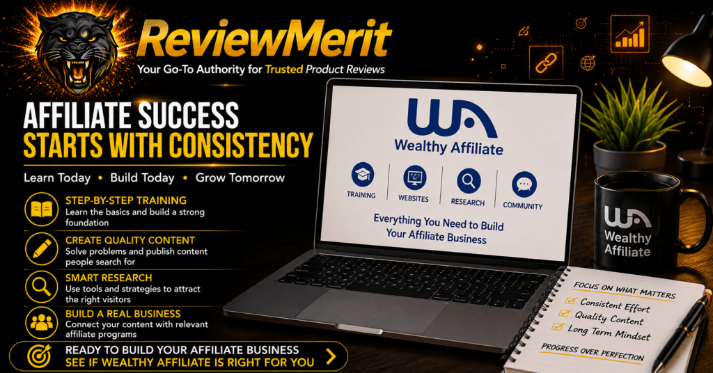 ReviewMerit Wealthy Affiliate graphic highlighting step-by-step training, content creation, keyword research, and the consistency required to build an affiliate business.