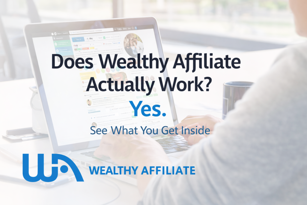 Wealthy Affiliate platform dashboard shown on laptop for beginners learning affiliate marketing.