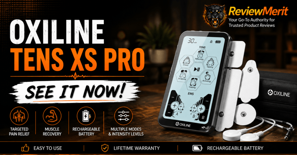ReviewMerit branded graphic featuring the Oxiline TENS XS Pro portable TENS unit with electrode pads, highlighting targeted pain relief, muscle recovery, rechargeable battery, multiple intensity levels, and a "See It Now" call-to-action.
