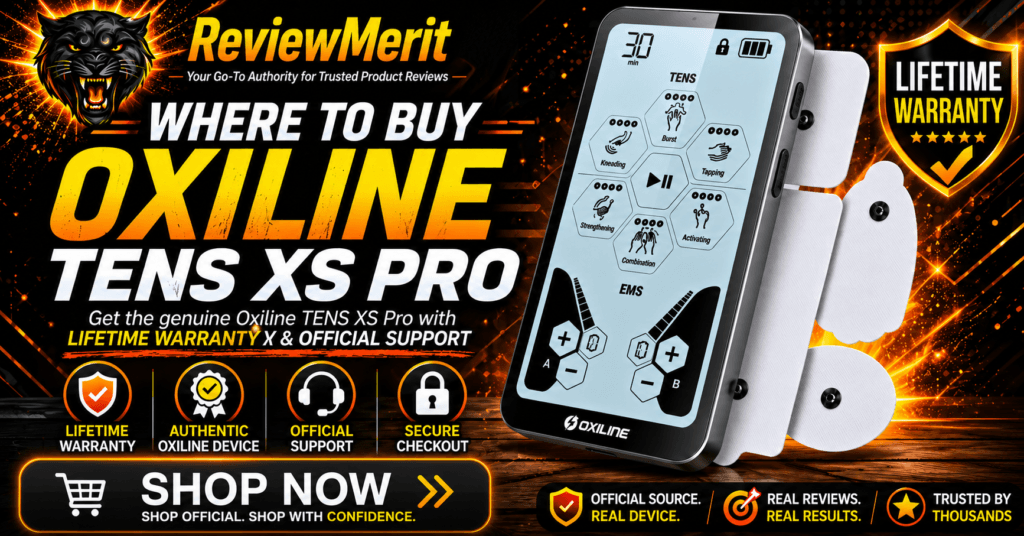ReviewMerit branded "Where to Buy" graphic featuring the Oxiline TENS XS Pro TENS unit with electrode pads, highlighting lifetime warranty, official support, secure checkout, and a Shop Now call-to-action for the official Oxiline website.